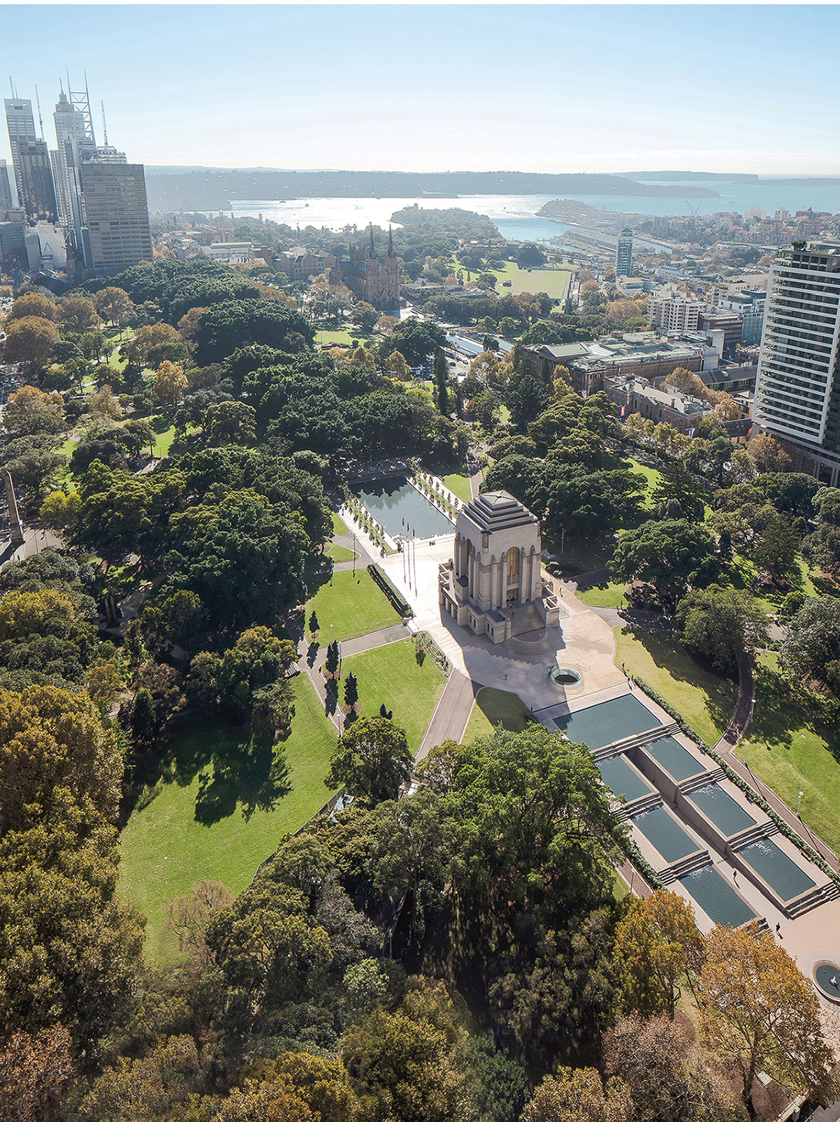 Aerial view of Hyde Park showcasing the ANZAC Memorial.