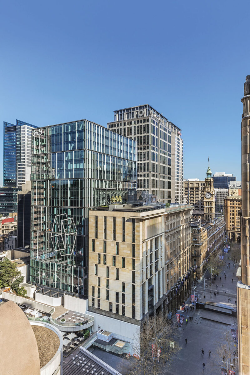Aerial view of 5 Martin Place with city in context.