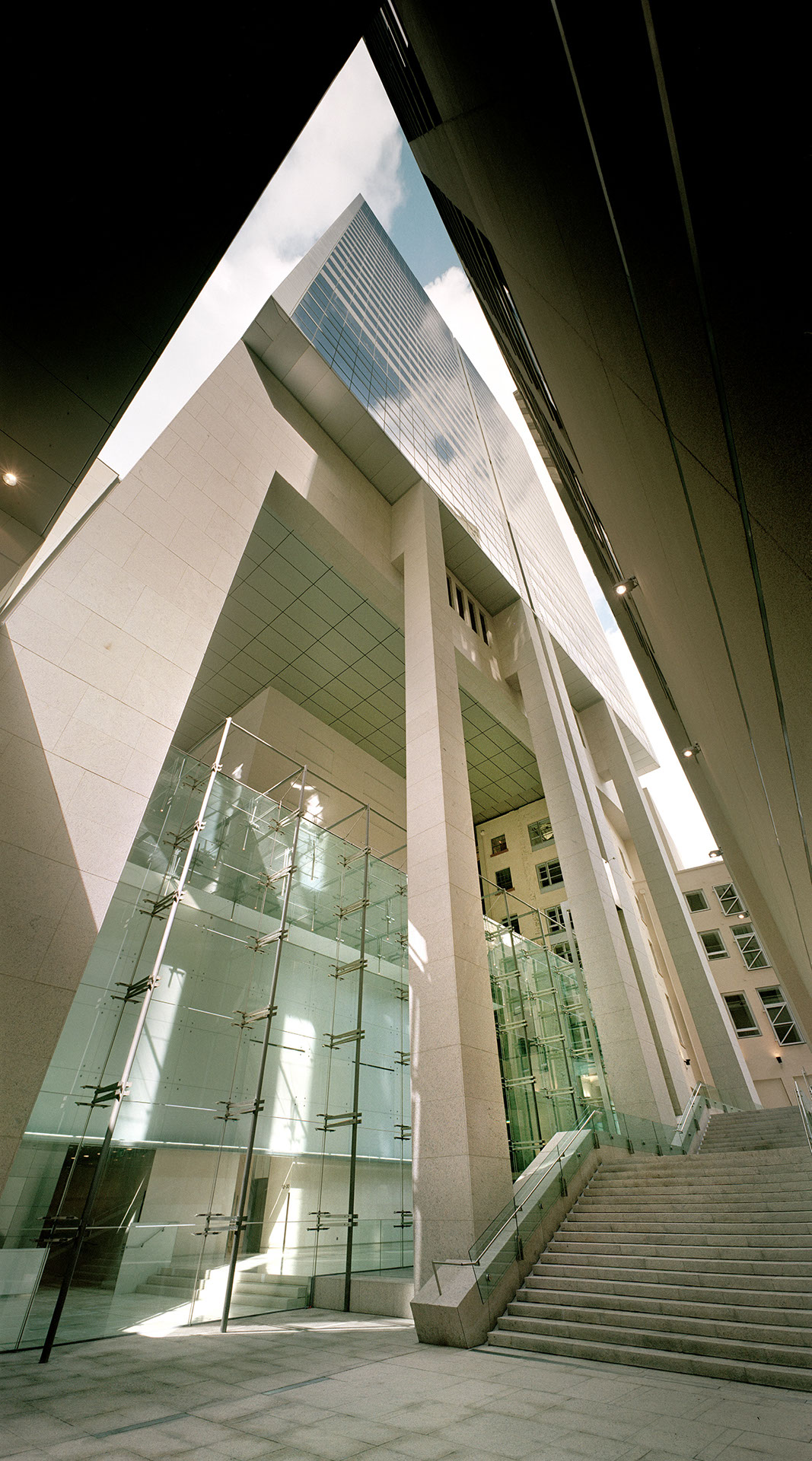 Exterior view of 363 George Street showing height of building from below and glass walls.