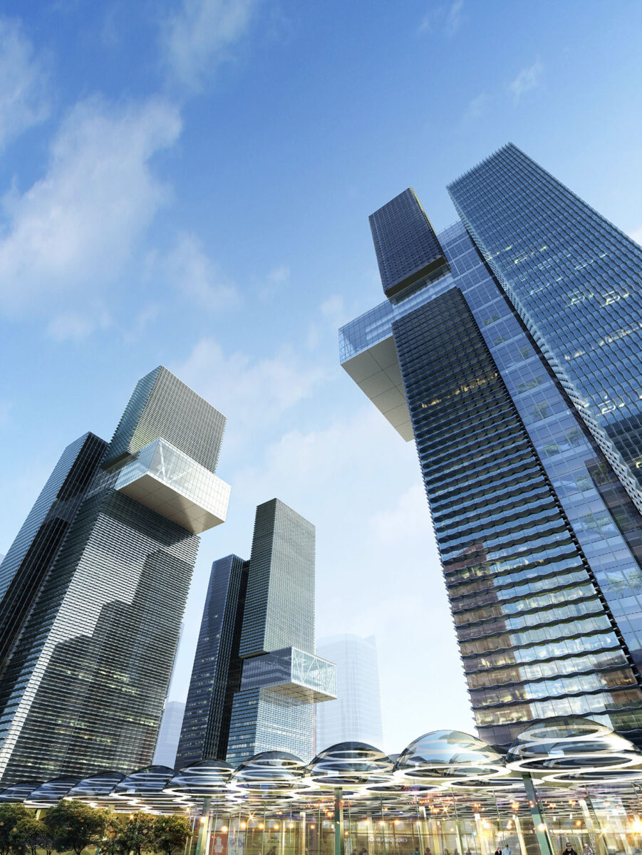 Wuzhong CBD concept render looking up towards the sky.
