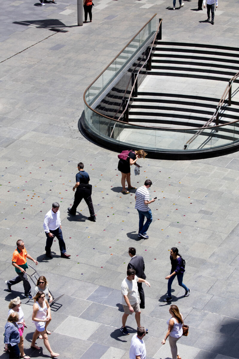 Aerial view of Reflection - Memorial Martin Place with people in context.