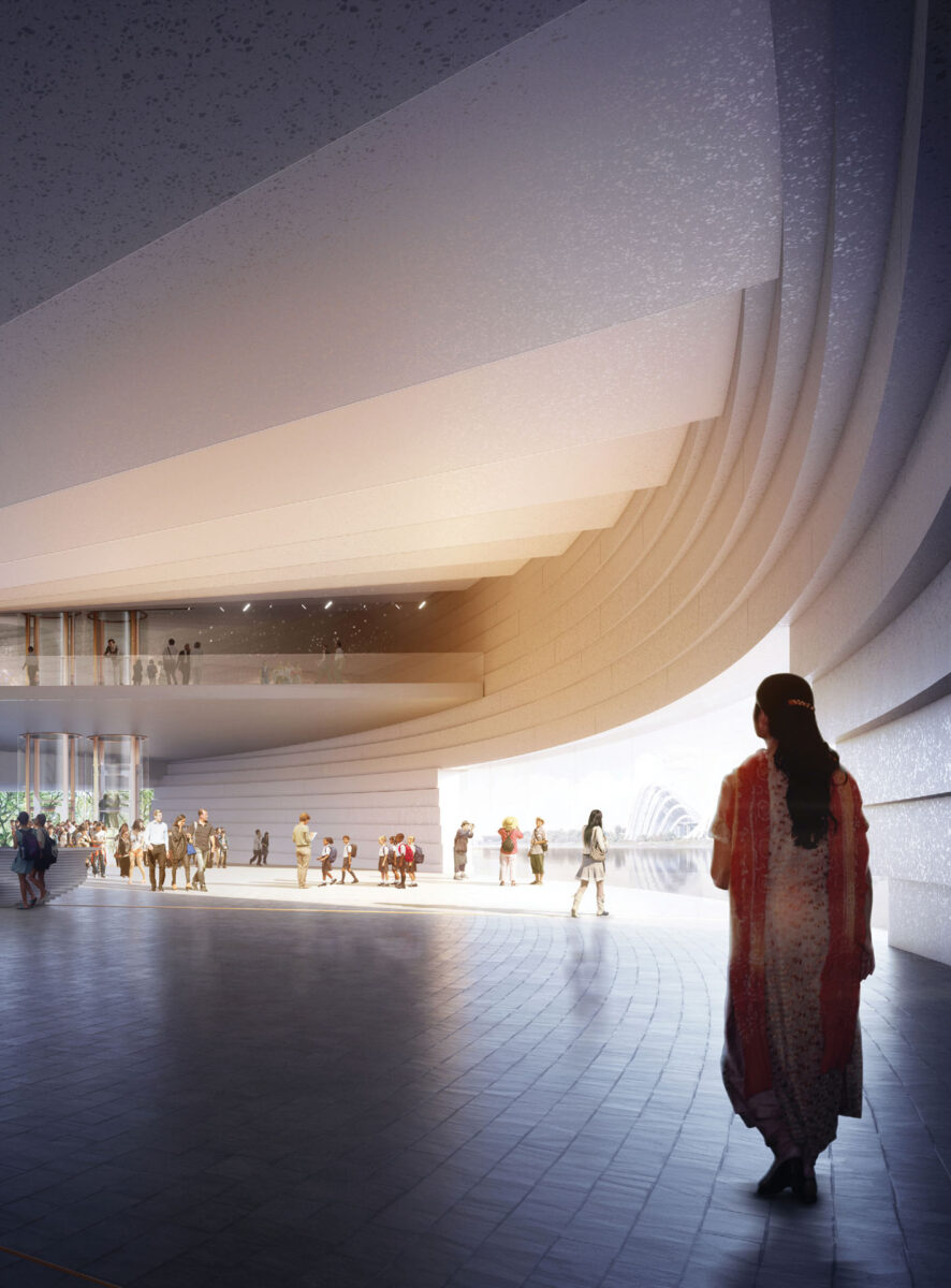 Interior view of Singapore Founders' Memorial rendered image with people showing the scale and architectural excellence.